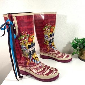Ed Hardy Burgundy Multicolor Graphic Women's Rain Boots